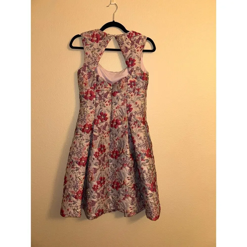 Aidan Mattox Floral Jacquard Dress 2 Pink Lilac Metallic Fit Flare Pockets Prom - Picture 10 of 13